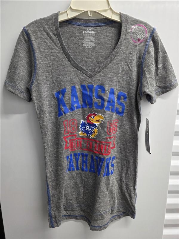NWT Pro Edge S Kansas Jayhawks Beak'em Hawks Women's V neck T Shirt 136077