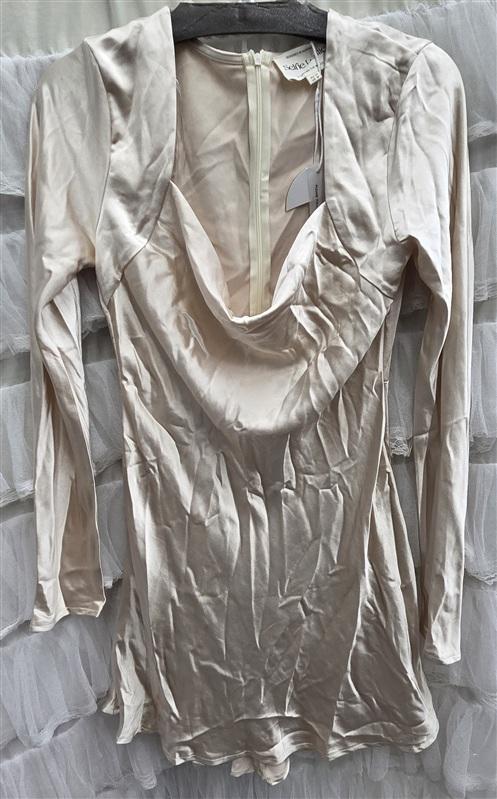NWT Selfie Leslie S Solstice Long Sleeve Cowl Neck Mini Dress Champagne 136088