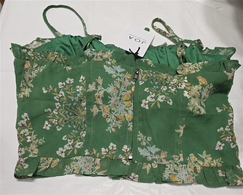 NWT Anthropologie J.O.A. S Green Floral Ruffle Spaghetti Strap Crop Top 136176