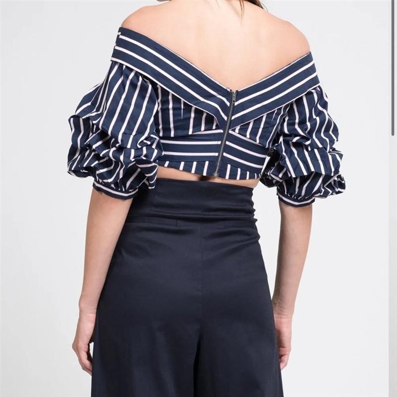NWT Anthropologie J.O.A. XS Off Shoulder Blue Pink Stripe Crop Top 136177
