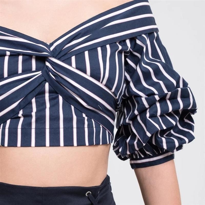 NWT Anthropologie J.O.A. M Off Shoulder Blue Pink Stripe Crop Top 136179