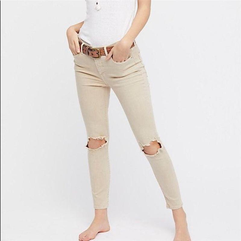 NWTD FREE PEOPLE 25 High Rise Busted Distressed Khaki Skinny Jeans 136183
