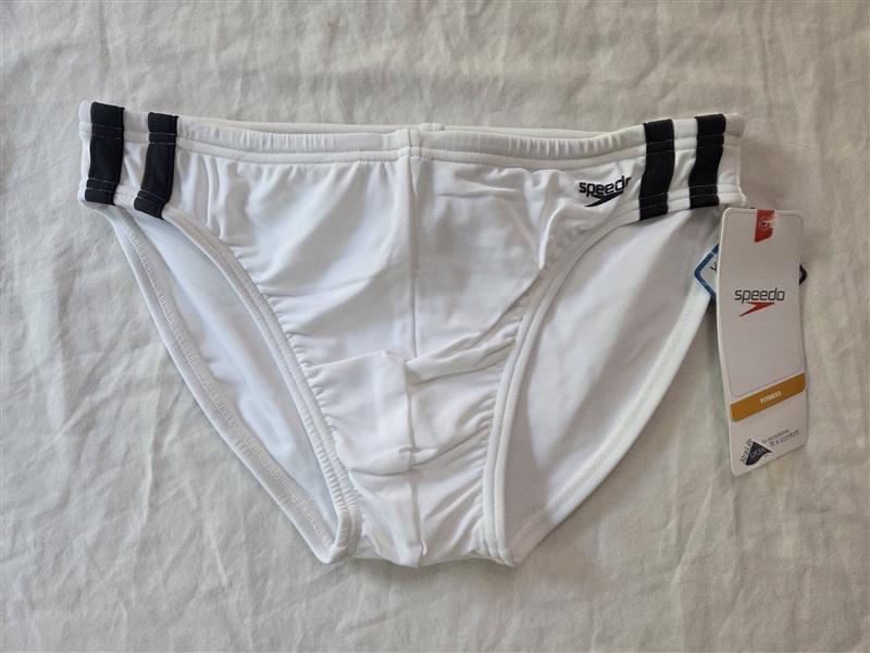 NWT Speedo 32 Endurance Swim Brief White Stripe Mens Trunk 136257