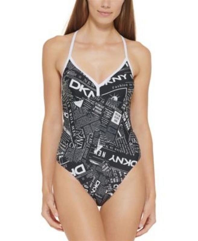 NWT DKNY XL News Print Sporty Chic T Back Black White 1PC Swimsuit 136265