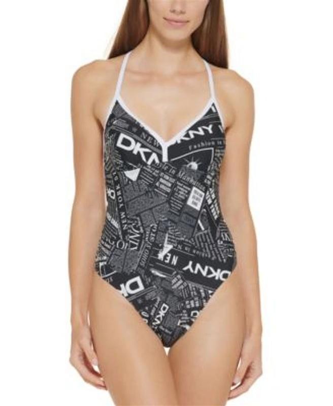 NWT DKNY XL News Print Sporty Chic T Back Black White 1PC Swimsuit 136265