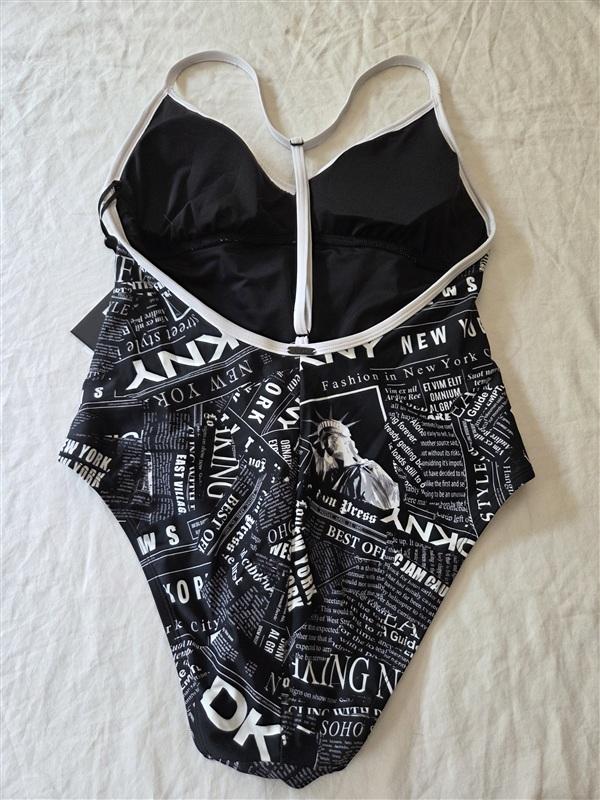 NWT DKNY XL News Print Sporty Chic T Back Black White 1PC Swimsuit 136265