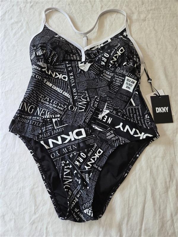 NWT DKNY XL News Print Sporty Chic T Back Black White 1PC Swimsuit 136265