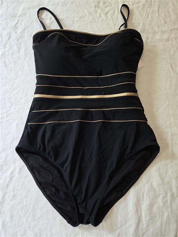 NWT Profile by Gottex 12 Onyx Black Gold Bandeau One Piece Swimsuit 136267