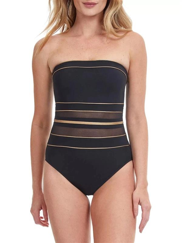 NWT Profile by Gottex 12 Onyx Black Gold Bandeau One Piece Swimsuit 136267