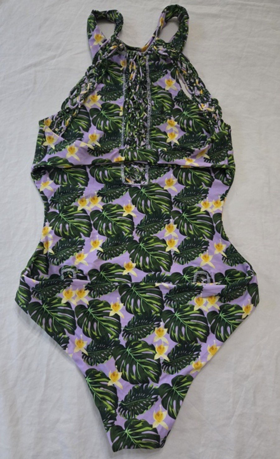 NWOT Seabellas L Palm Hi Neck Lace Up Cut Out 1PC Swimsuit Purple Green 136274