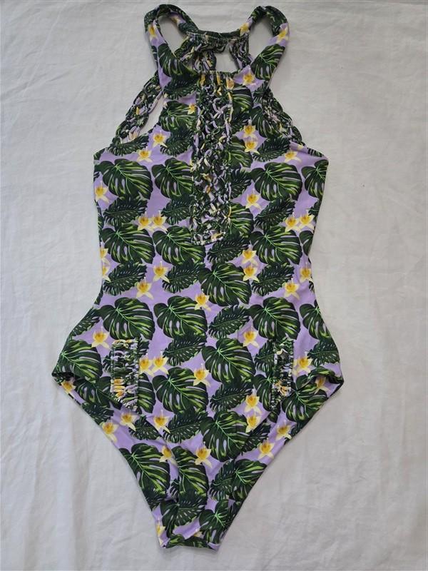 NWOT Seabellas L Palm Hi Neck Lace Up Cut Out 1PC Swimsuit Purple Green 136274