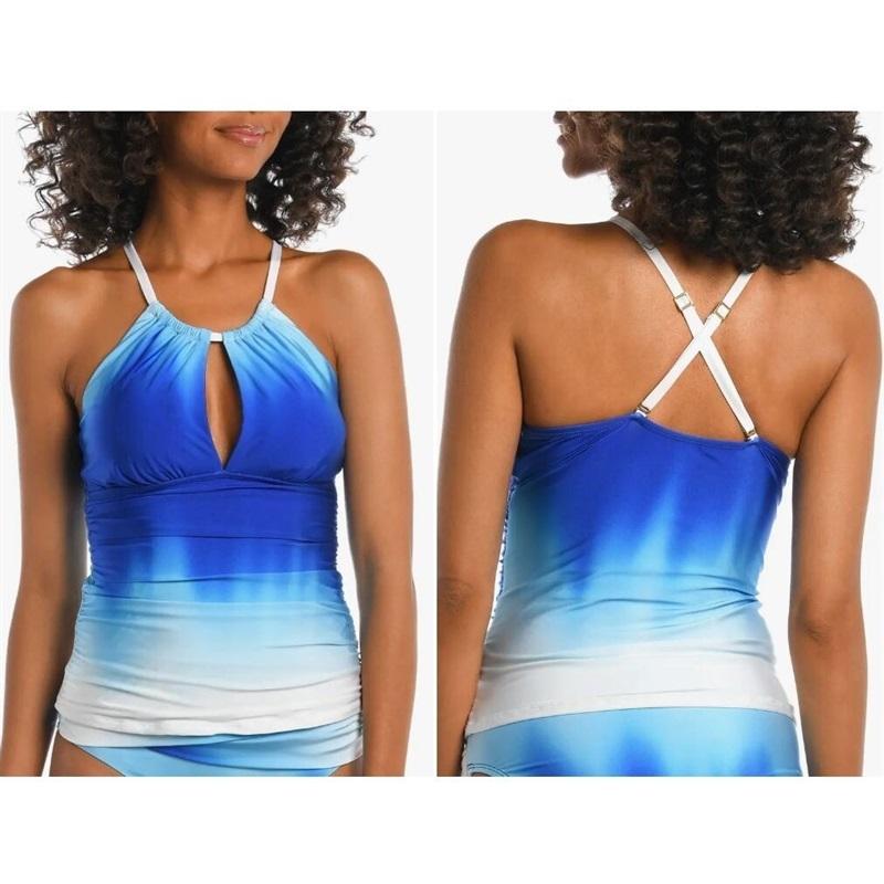 NWT La Blanca 4 Ocean Oasis Keyhole Tankini Top Blue White Ombre 136275
