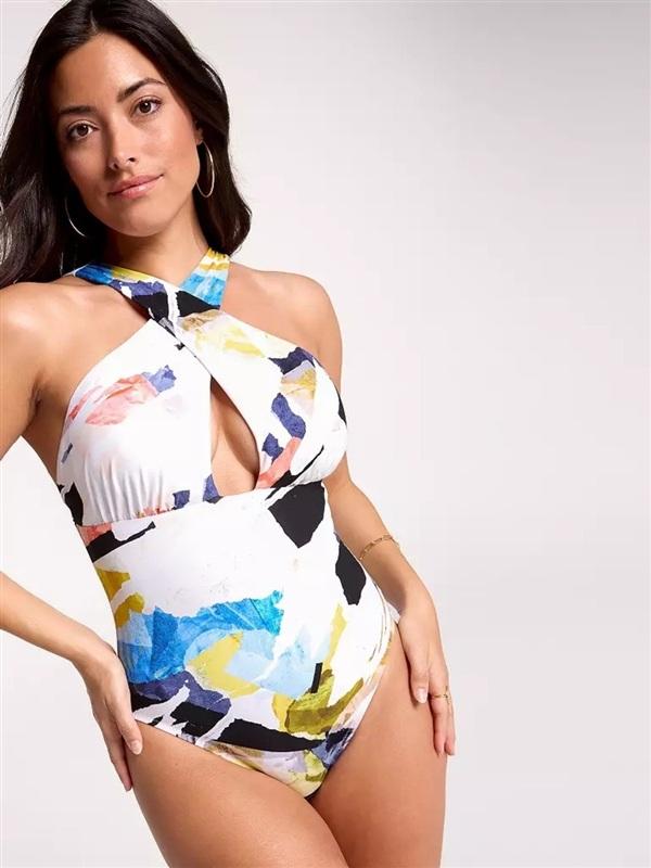 NWT Calia 12 Cutout Twist Halter Collage One-Piece Swimsuit 136282