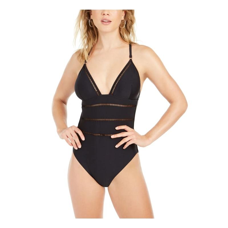 NWOT Bar III M Cut Out Halter One-Piece Swimsuit Black 136283