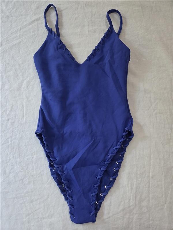 NWOT Good American XS Whipstitch Lace-Up One Piece Swimsuit Capri Blue 136284