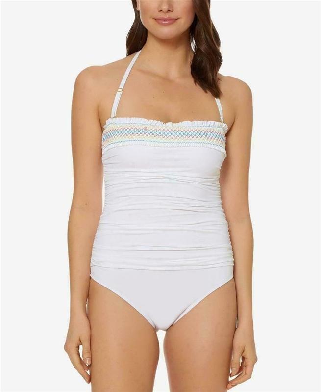 NWT Bleu Rod Beattie 8 White Smocked Bandeau 1pc Swimsuit 133507