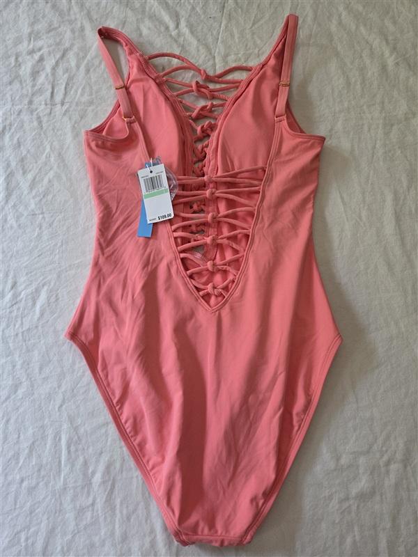 NWT Bleu by Rod Beattie 8 Lace-Up Knotty 1PC Coral Swimsuit 136291