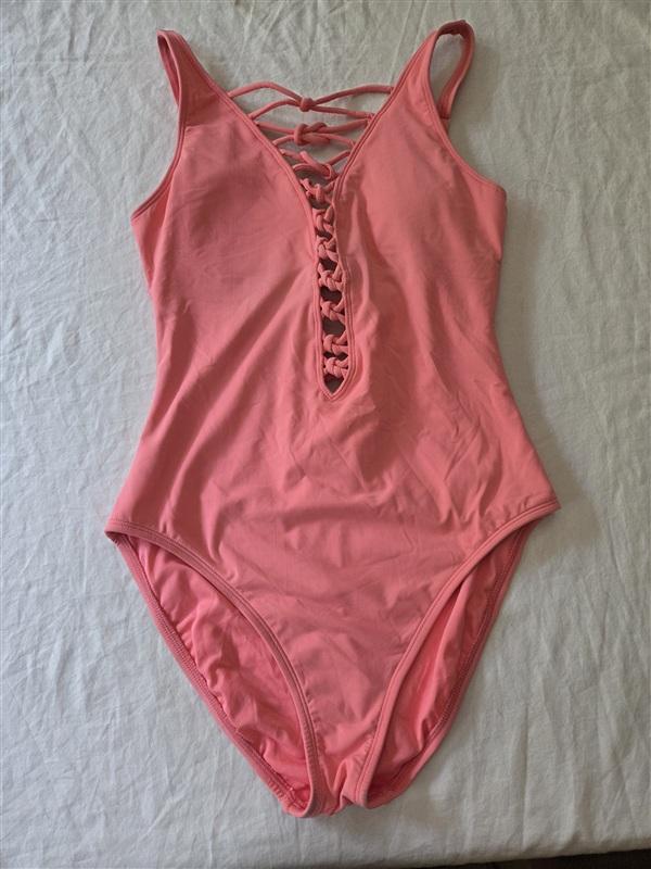 NWT Bleu by Rod Beattie 8 Lace-Up Knotty 1PC Coral Swimsuit 136291