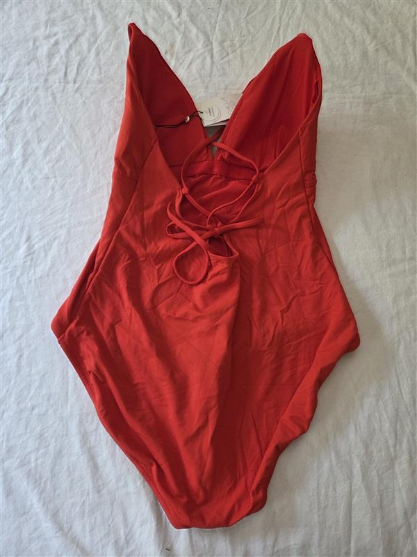 NWT Calia 10 Triangle Strappy Back One Piece Red V Neck Swimsuit 136294
