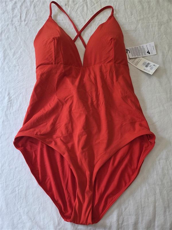 NWT Calia 10 Triangle Strappy Back One Piece Red V Neck Swimsuit 136294