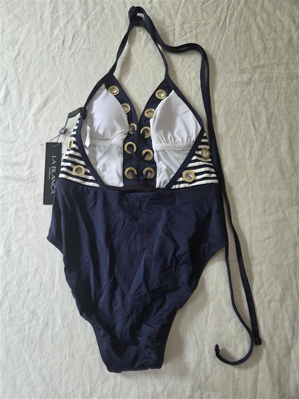 NWT La Blanca 4 Sail Plunge One-Piece Swimsuit Stripe Blue White 136296