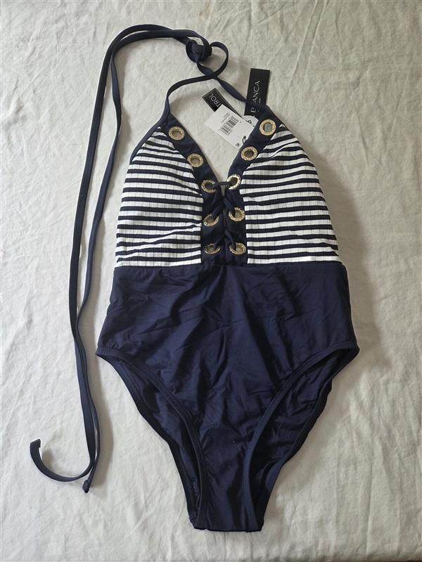 NWT La Blanca 4 Sail Plunge One-Piece Swimsuit Stripe Blue White 136296