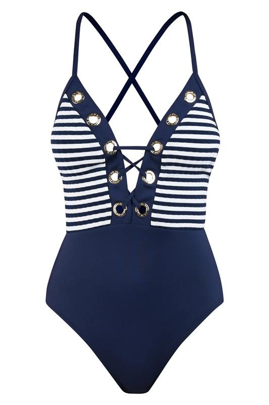 NWT La Blanca 4 Sail Plunge One-Piece Swimsuit Stripe Blue White 136296