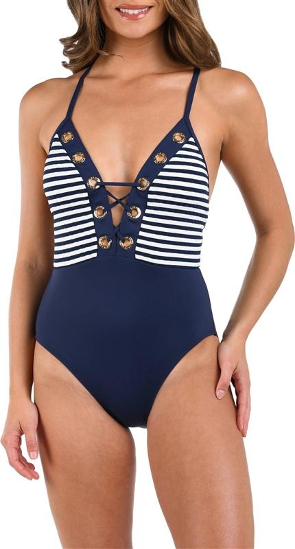 NWT La Blanca 4 Sail Plunge One-Piece Swimsuit Stripe Blue White 136296