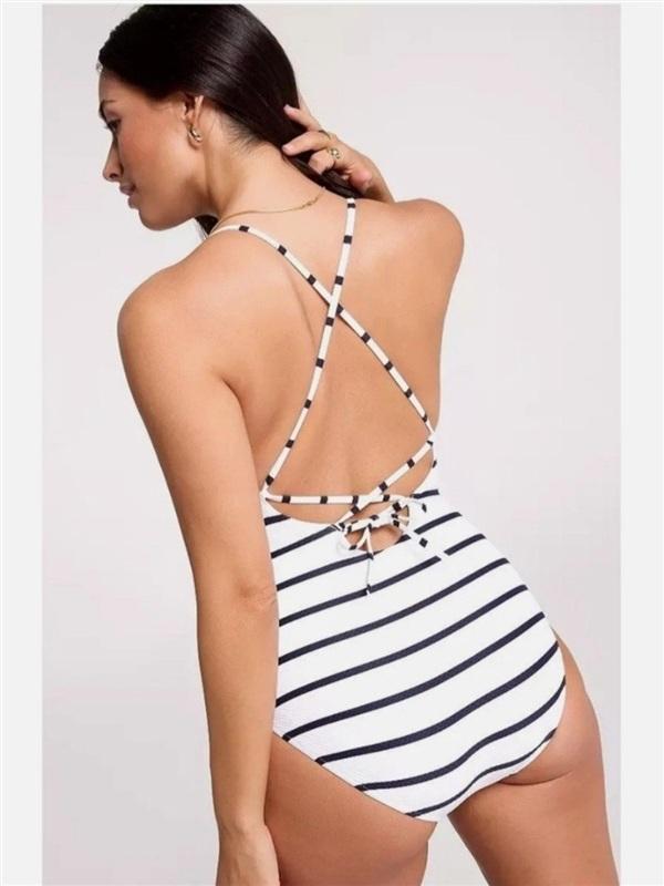 NWT Calia 4 Triangle Strappy Back One Piece Stripe V Neck Swimsuit 136300