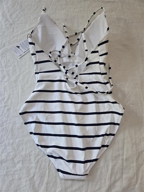 NWT Calia 4 Triangle Strappy Back One Piece Stripe V Neck Swimsuit 136300