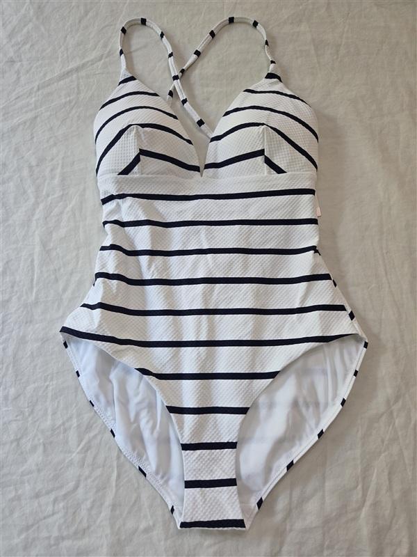 NWT Calia 4 Triangle Strappy Back One Piece Stripe V Neck Swimsuit 136300