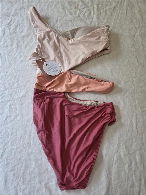 NWT Pilyq PQ Small 1 Shoulder Cut-Out Color Block Pink 1PC Swimsuit 136302