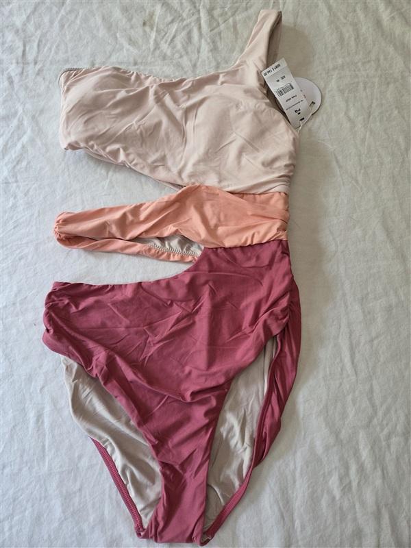 NWT Pilyq PQ Small 1 Shoulder Cut-Out Color Block Pink 1PC Swimsuit 136302