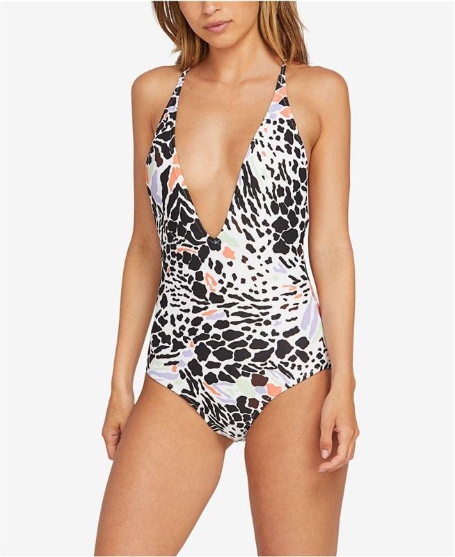 NWOT Volcom 16W Are Zoo Ready 1PC Deep V Swimsuit Animal Print 136303