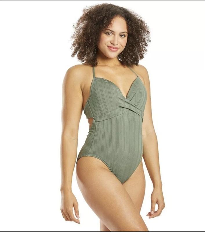 NWOT Vince Camuto Solid Olive SZ 10 Plunge One-Piece Swimsuit #96879