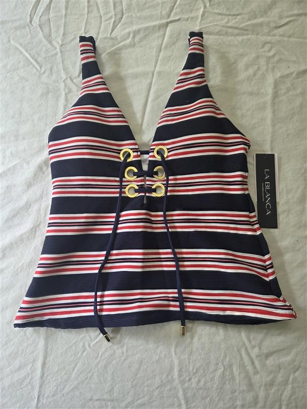 NWT La Blanca 8 Sailor Stripe Over The Shoulder Lace Up Tankini Top 136311