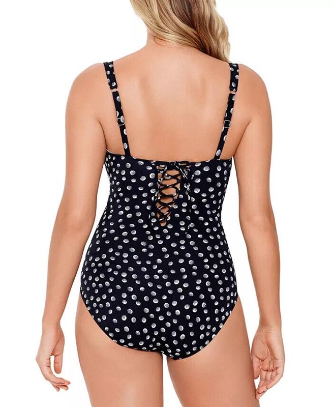 NWT Swim Solutions 18 1PC Twist Bra Mio Corset-Back Dots Black 136313