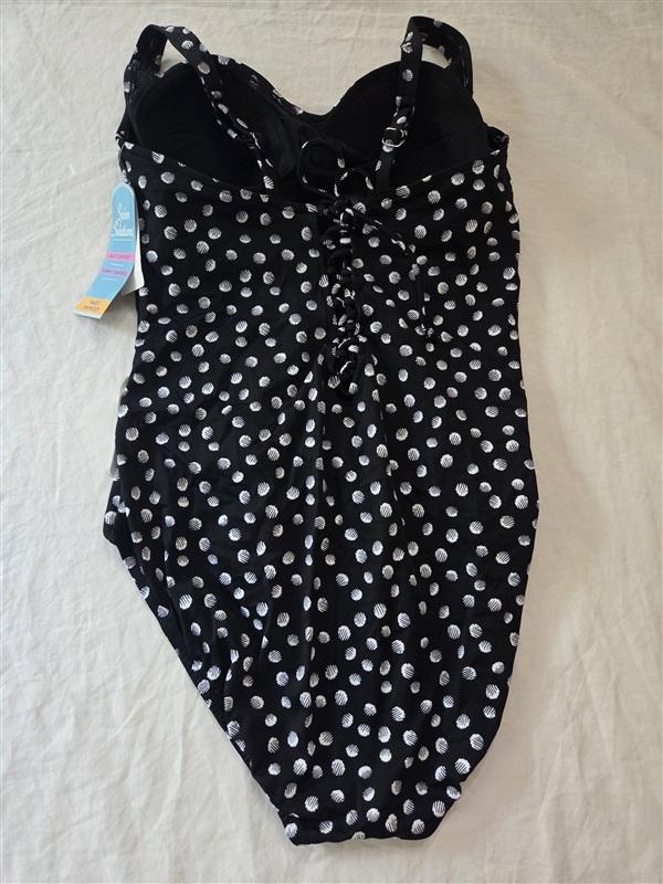 NWT Swim Solutions 18 1PC Twist Bra Mio Corset-Back Dots Black 136313