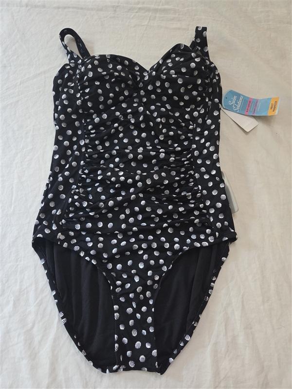 NWT Swim Solutions 18 1PC Twist Bra Mio Corset-Back Dots Black 136313