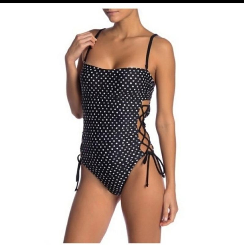 NWT Rachel Roy L Black White Polka Dot One-Piece Swimsuit 136316