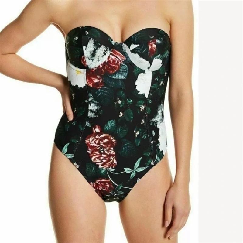 NWT Rachel Roy M Floral Bandeau Underwire One-Piece Swimsuit Black 136318