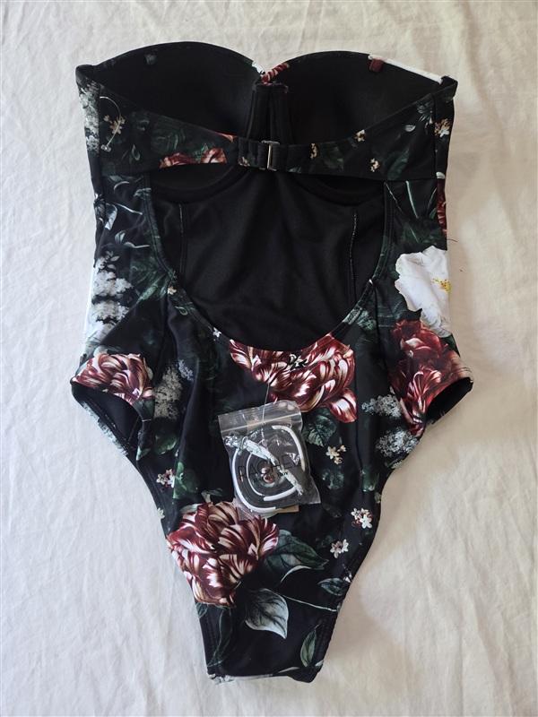 NWT Rachel Roy M Floral Bandeau Underwire One-Piece Swimsuit Black 136318
