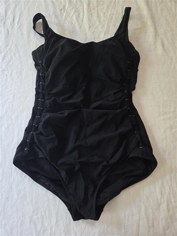 NWOT Profile Gottex 14 Moto Black Lace Up Square Neck 1pc Swimsuit 136320