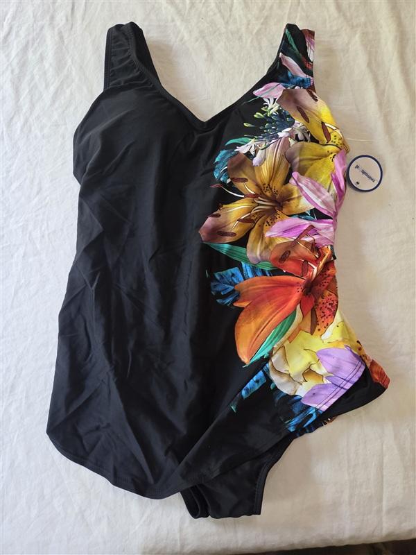 NWT Swimsuits For All 14 Floral Lily Maillot 1PC Swim Black Red Purple 136333