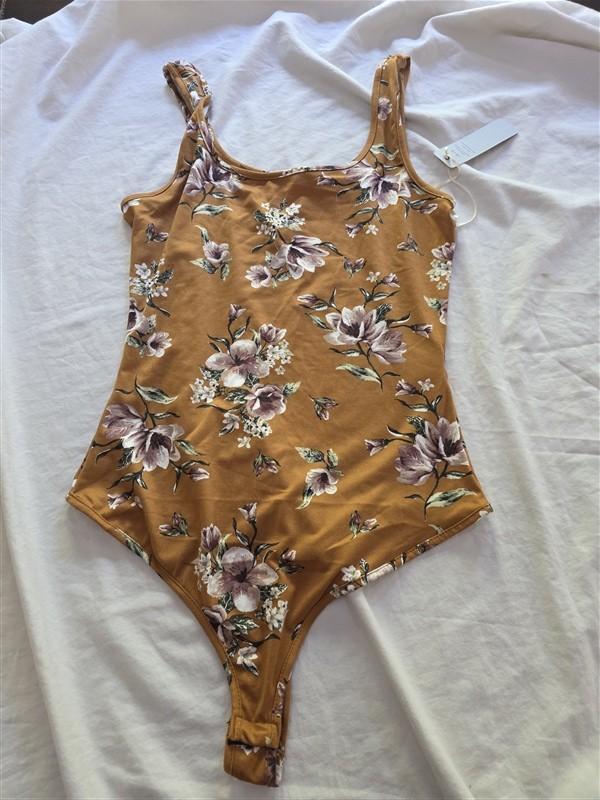 NWT Iris Brown Floral Thong Tank Bodysuit Leotard 136339