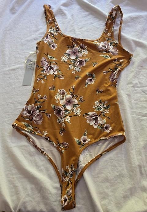 NWT Iris Brown Floral Thong Tank Bodysuit Leotard 136339
