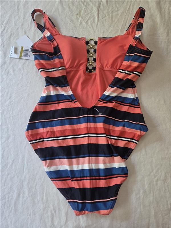 NWT MICHAEL KORS 14 CHAIN RING HALTER 1PC SWIMSUIT Stripe 136340