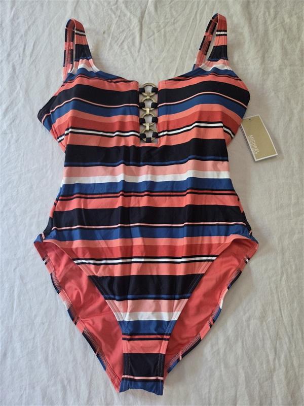 NWT MICHAEL KORS 14 CHAIN RING HALTER 1PC SWIMSUIT Stripe 136340