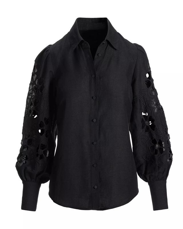 NWOTD Boston Proper L Openwork Embroidered Linen Button-Up Shirt Black 136341