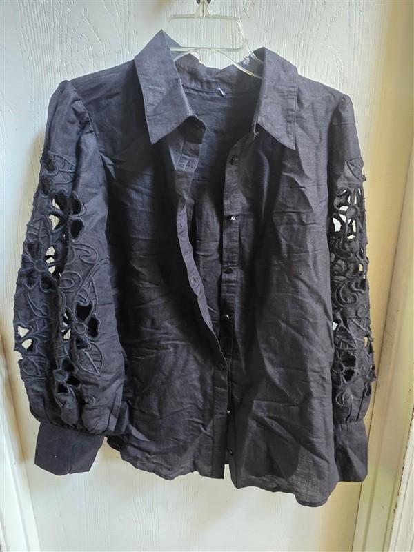 NWOTD Boston Proper L Openwork Embroidered Linen Button-Up Shirt Black 136341